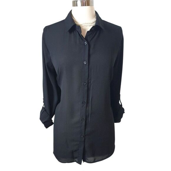 Riley+James Womens Plus Lace Back Button-Down Shirt 18/20W Black Chic Office Y2K - Picture 2 of 7